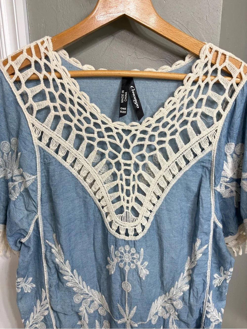 Mango Blue Embroidered Boho Tunic with Cream Crochet